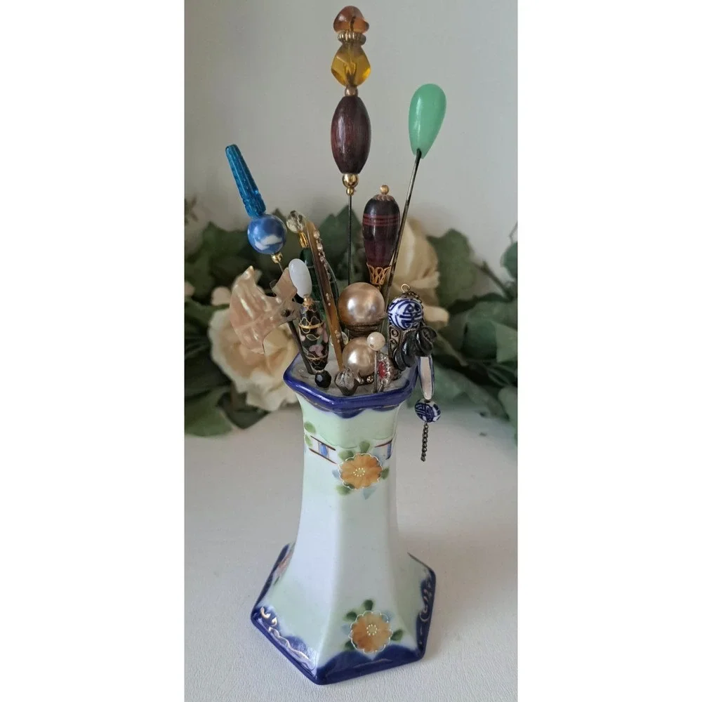 Lot Of 15 Antique Hatpins Jade Glass Lucite Porcelain Cloisonné